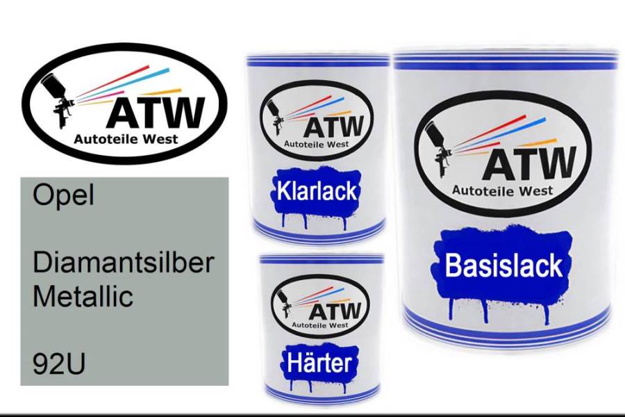 Opel, Diamantsilber Metallic, 92U: 1L Lackdose + 1L Klarlack + 500ml Härter - Set, von ATW Autoteile West.